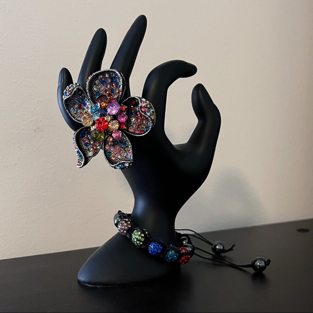 Large Dark Silver Metal Flower Ring, Colorful Gemstones & Matching Bracelet.